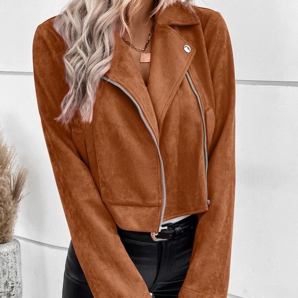 Luxe Camel Zipper Vegan Suede Moto Biker Jacket - Picture 9 of 11